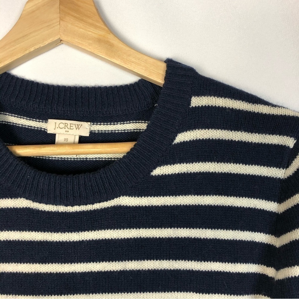 J. Crew Navy Blue & White Stripe Ruffle Sleeve Crewneck Sweater XS - Picture 4 of 4